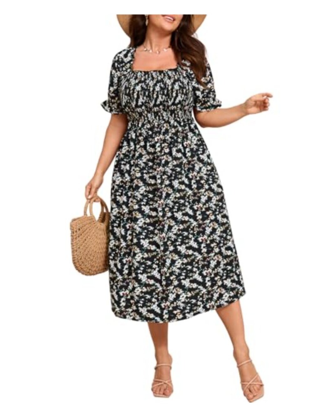 Plus Size Floral Midi Dress Square Neck Puff Sleeve Smocked Boho Casual